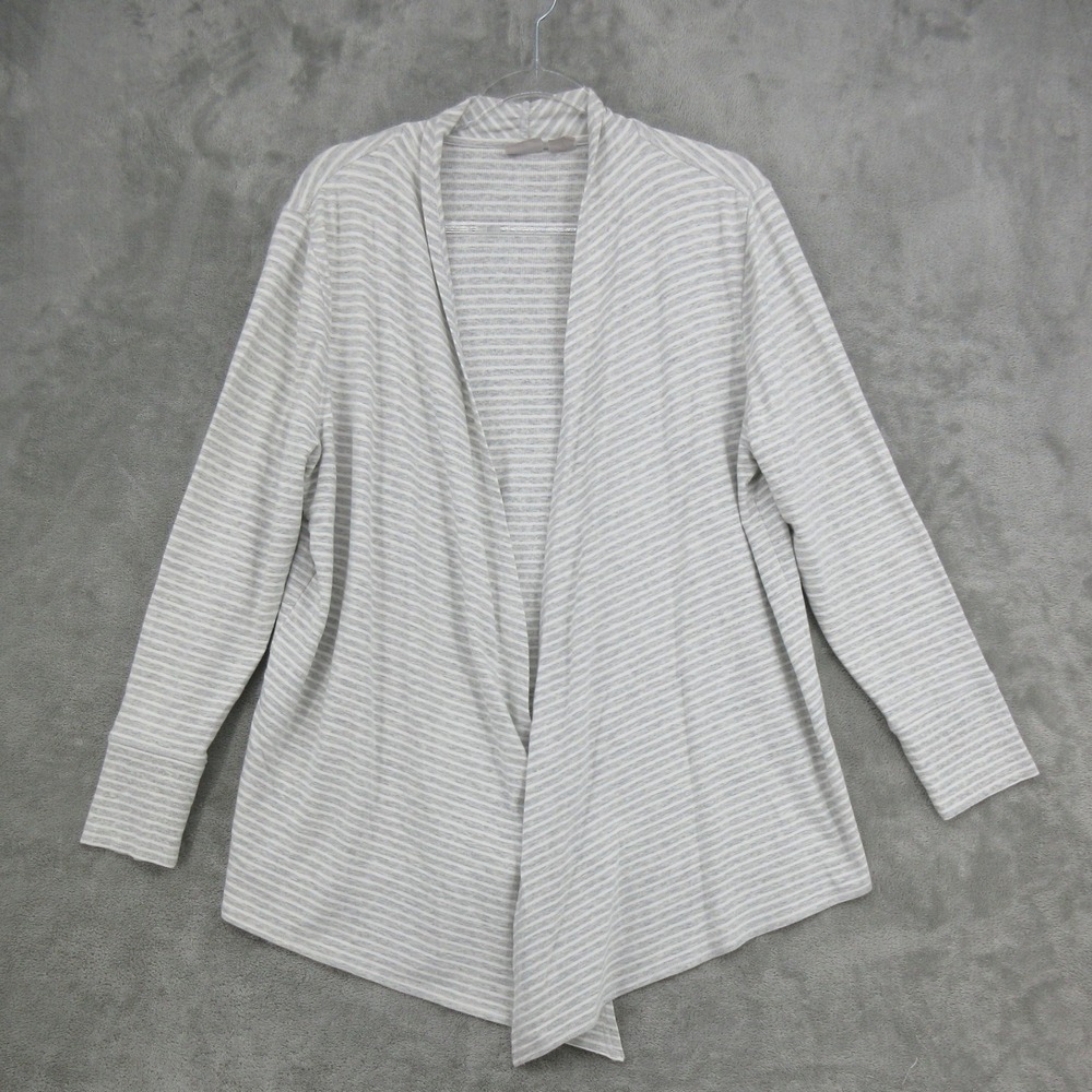 Chicos Zenergy Womens Size 2 Large Striped Open Front Waterfall Cardigan Grey